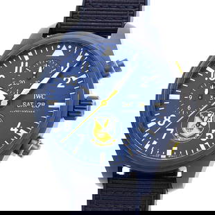 IWC Pilot's Watch Chronograph Bleuet Angels: Movement: Automatic Winding Case Size: 44.5mm Case Material: Ceramic Band Material: Fabric & rubber/SS buckle Watch Glass: Sapphire Crystal Windshield Dial Color: Blue Type: Wrist watch At SEUYCO,