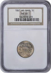 1867 Shield Nickel No Rays MS65 NGC: Certification: NGC Circulated/Uncirculated: Uncirculated Year: 1867 Mint Location: Philadelphia Km Number: 97 Denomination: 5C Grade: MS65 Composition: 75% Copper 25% Nickel Coin: Shield Designer: