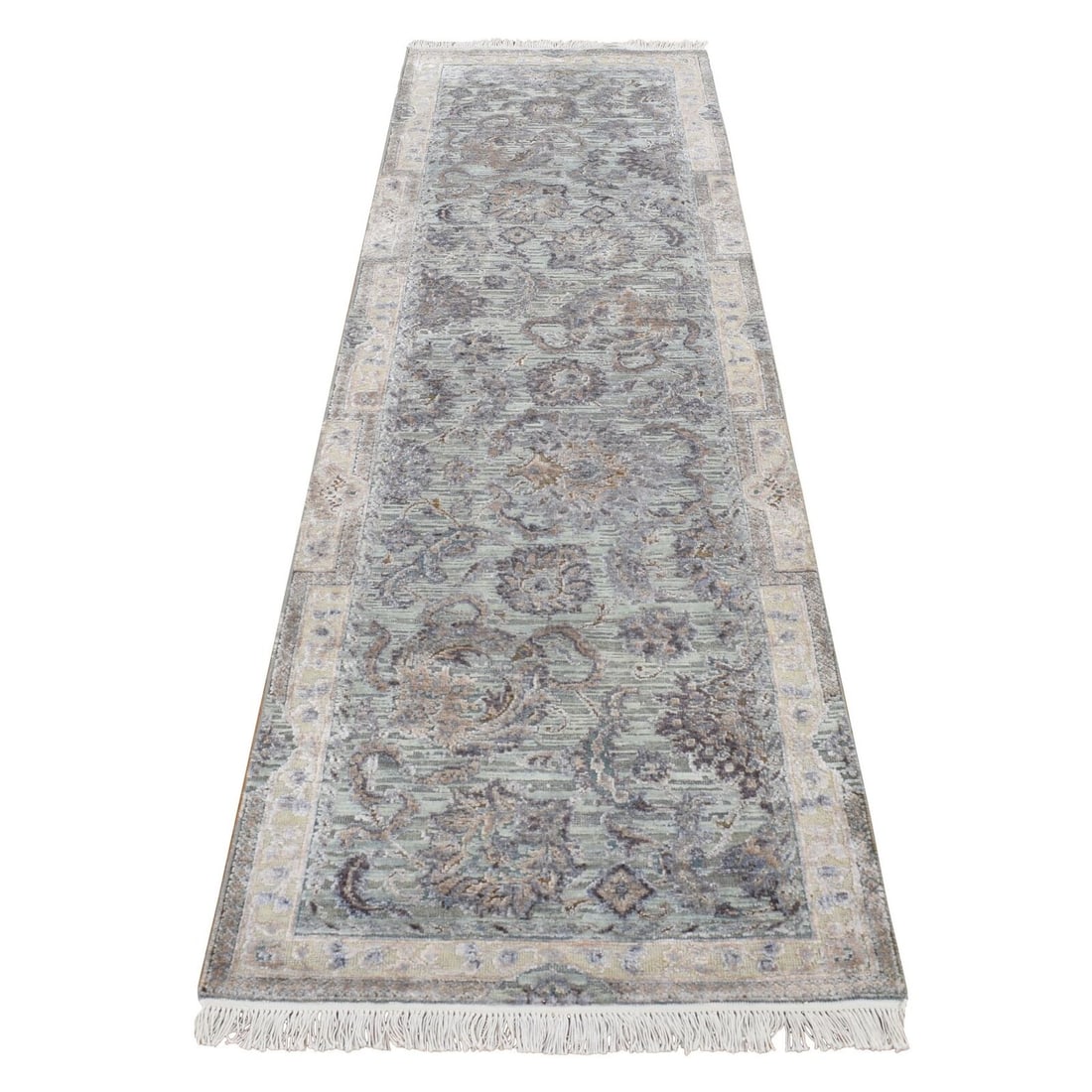 2'5"x8'1" Green Silk with Wool Mughal Design Hand: Style: Oriental Type: Indoor Material: Wool Color: Grey Item Length: 97 Item Width: 29 Rug Type: Hand Knotted Pile: Wool & Silk Shape: Runner Field Color: Grey Size: 2"5" x 8"1" / 74 CM X 246 CM Age: