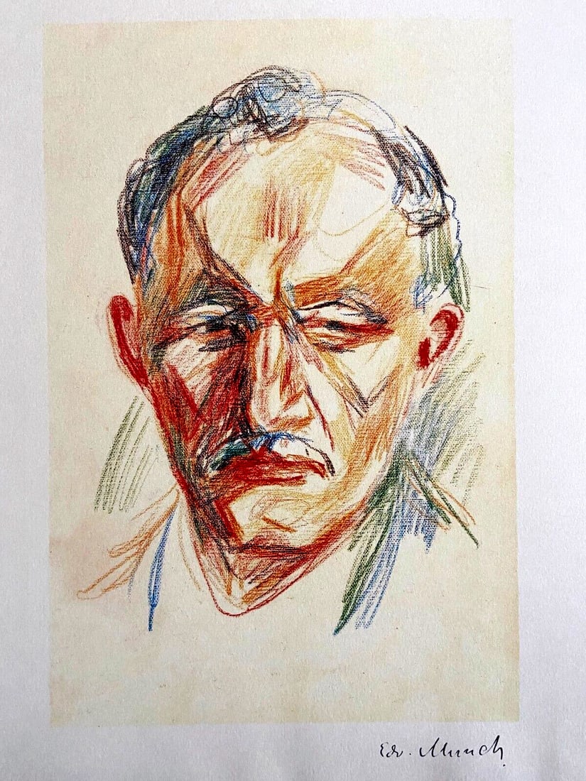 Edvard Munch 'Self-Portrait' Lithograph COA: EDVARD MUNCH '' Self portrait '' Work from an original pastel by the master from 1925. Signed Edvard Munch on the plate. The graphic work measures 30x40 cm. The circulation is 250 ex. hand numbered. P