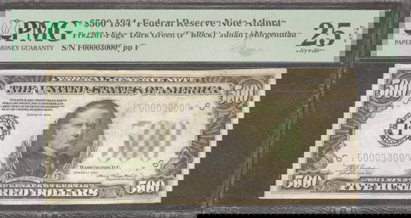 1934 $500 FEDERAL RESERVE STAR NOTE FR.2201-FDGS*: Certification: PMG Grade: 25 Series Year: 1934 Year: 1934 Circulated/Uncirculated: Circulated Country: United States Category: High Denomination Notes Serial No. : F00003000* Certification Number: