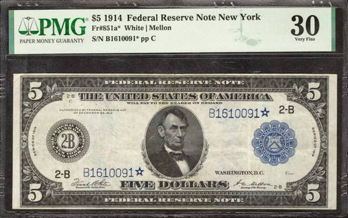 1914 $5 FEDERAL RESERVE STAR NOTE NEW YORK: Certification: PMG Grade: 30 Series Year: 1914 Year: 1914 Circulated/Uncirculated: Circulated Country: United States Category: Federal Reserve Notes Serial No. : B1610091* Certification Number: