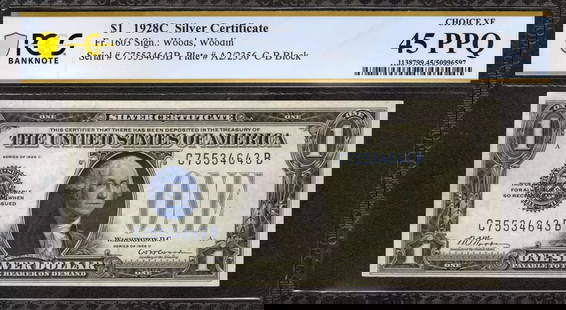 1928 C SILVER CERTIFICATE FR.1603 C-B BLOCK PCGS: Certification: PCGS Grade Designation: EPQ/PPQ Grade: 45 PPQ Series Year: 1928 Year: 1928 Circulated/Uncirculated: Circulated Country: United States Category: Small Silver Certificates Serial No. :