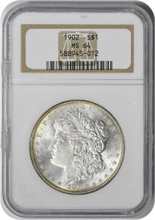 1902 Morgan Silver Dollar MS64 NGC: Certification: NGC Circulated/Uncirculated: Uncirculated Year: 1902 Composition: 90% Silver 10% Copper Mint Location: Philadelphia Km Number: 110 Denomination: $1 Grade: MS64 Coin: Morgan Designer: