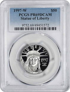 1997-W $50 American Platinum Eagle PR69DCAM PCGS: Certification: PCGS Year: 1997 Grade: PR69 Coin: American Eagle (Statue of Liberty) Fineness: 0.999 Composition: 99.95% Platinum Designer: John M. Mercanti Diameter: 27.00 millimeters Edge: Reeded