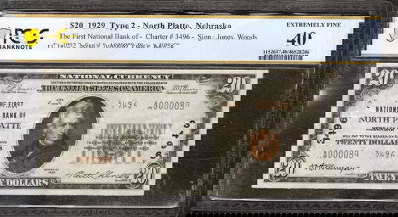 1929 $20 FIRST NATIONAL BANKNOTE CURRENCY NORTH: Certification: PCGS Grade: 40 Series Year: 1929 Year: 1929 Circulated/Uncirculated: Circulated Country: United States Category: Small National Bank Notes Serial No. : A000089 Certification Number: