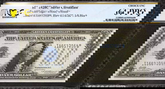 1928 C $1 SILVER CERTIFICATE FR.1603 WOODS WOODIN: Certification: PCGS Grade Designation: EPQ/PPQ Grade: 64 PPQ Series Year: 1928 Year: 1928 Circulated/Uncirculated: Circulated Country: United States Category: Small Silver Certificates Serial No. :
