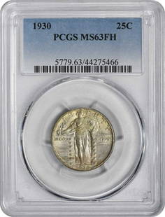 1930 Standing Liberty Silver Quarter MS63FH PCGS: Certification: PCGS Circulated/Uncirculated: Uncirculated Year: 1930 Mint Location: Philadelphia Km Number: 145 Denomination: 25C Grade: MS63 Composition: 90% Silver 10% Copper Coin: Standing