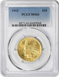 1913 $10 Gold Indian MS64 PCGS: Certification: PCGS Circulated/Uncirculated: Uncirculated Year: 1913 Mint Location: Philadelphia Fineness: 0.9 Km Number: 130 Denomination: $10 Grade: MS64 Composition: 90% Gold 10% Copper Designer: