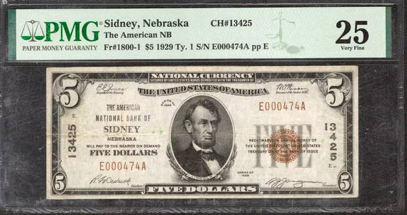 1929 $5 AMERICAN NATIONAL BANKNOTE CURRENCY: Certification: PMG Grade: 25 Series Year: 1929 Ty. 1 Year: 1929 Ty. 1 Circulated/Uncirculated: Circulated Country: United States Category: Small National Bank Notes Serial No. : E000474A