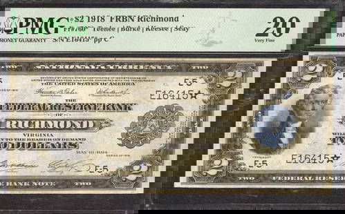 1918 $2 FEDERAL RESERVE BANKNOTE CURRENCY: Certification: PMG Grade: 20 Series Year: 1918 Year: 1918 Circulated/Uncirculated: Circulated Country: United States Category: Federal Reserve Bank Notes Serial No. : E16415* Certification Number: