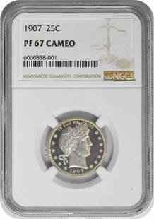 1907 Barber Silver Quarter PR67CAM NGC: Certification: NGC Circulated/Uncirculated: Uncirculated Year: 1907 Mint Location: Philadelphia Strike Type: Proof Km Number: 114 Denomination: 25C Grade: PR67 Composition: 90% Silver 10% Copper