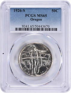 1926-S Oregon Commemorative Siilver Half MS65 PCGS: Certification: PCGS Circulated/Uncirculated: Uncirculated Km Number: 159 Year: 1926 Grade: MS65 Composition: Silver Mint Location: S Denomination: Half Dollar Features: Commemorative At SEUYCO, we