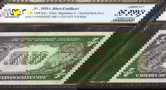 1935 A $1 SILVER CERTIFICATE NOTE INVERTED BACK: Certification: PCGS Grade Designation: EPQ/PPQ Grade: 35 PPQ Series Year: 1935-A Year: 1935-A Circulated/Uncirculated: Circulated Country: United States Category: Small Silver Certificates Serial No.