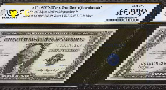 1935 $1 EXPERIMENTAL SILVER CERTIFICATE FR.1607: Certification: PCGS Grade Designation: EPQ/PPQ Grade: 65 PPQ Series Year: 1935 Year: 1935 Circulated/Uncirculated: Circulated Country: United States Category: Small Silver Certificates Serial No. :