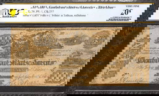 1861 $10 CONFEDERATE STATES OF AMERICA T-29 PF-1: Certification: PCGS Grade: 20 Series Year: 1861 Year: 1861 Circulated/Uncirculated: Circulated Country: United States Category: Issues of the Confederate States of America Serial No. : 12851