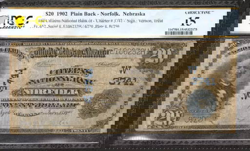 1902 $20 CITIZENS NATIONAL BANKNOTE CURRENCY: Certification: PCGS Grade: 15 Series Year: 1902 Year: 1902 Circulated/Uncirculated: Circulated Country: United States Category: Third Charter Period Serial No. : E106232H / 6720 Certification Number: