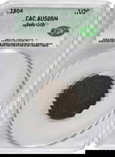 1804 Half Cent Spiked Chin AU50BN CACG: Certification: CACG Circulated/Uncirculated: Circulated Year: 1804 Mint Location: Philadelphia Km Number: 33 Denomination: 1/2C Grade: AU Composition: Copper Coin: Draped Bust Designer: Robert Scot