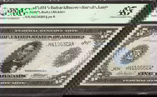 1914 $5 FEDERAL RESERVE NOTE ST LOUIS FR.872: Certification: PMG Grade: 45 Series Year: 1914 Year: 1914 Circulated/Uncirculated: Circulated Country: United States Category: Federal Reserve Notes Serial No. : H4126302A Certification Number: