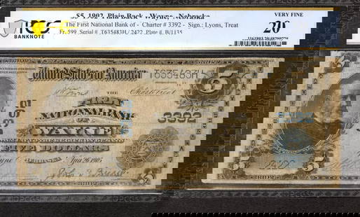 1902 $5 FIRST NATIONAL BANKNOTE CURRENCY FR.599: Certification: PCGS Grade: 20 Series Year: 1902 Year: 1902 Circulated/Uncirculated: Circulated Country: United States Category: Third Charter Period Serial No. : T635483H / 2422 Certification Number: