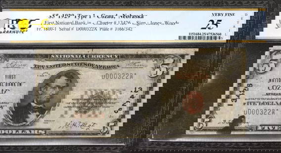 1929 $5 FIRST NATIONAL BANK NOTE CURRENCY COZAD: Certification: PCGS Grade: 25 Series Year: 1929 Year: 1929 Circulated/Uncirculated: Circulated Country: United States Category: Small National Bank Notes Serial No. : D000322A Certification Number: