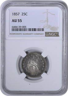 1857 Liberty Seated Silver Quarter AU55 NGC: Certification: NGC Circulated/Uncirculated: Circulated Year: 1857 Mint Location: Philadelphia Km Number: A64.2 Denomination: 25C Grade: AU Composition: 90% Silver 10% Copper Coin: Seated Liberty