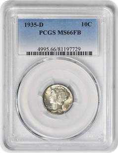 1935-D Mercury Silver Dime MS66FB PCGS: Certification: PCGS Circulated/Uncirculated: Uncirculated Year: 1935 Mint Location: Denver Km Number: 140 Denomination: 10C Grade: MS66 Composition: 90% Silver 10% Copper Coin: Mercury Designer: