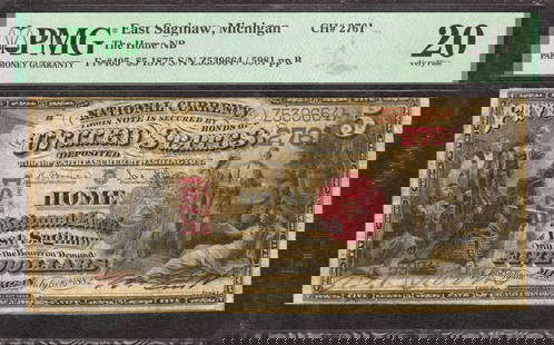 1875 $5 HOME NATIONAL BANKNOTE CURRENCY EAST: Certification: PMG Grade: 20 Series Year: 1875 Year: 1875 Circulated/Uncirculated: Circulated Country: United States Category: First Charter Period Serial No. : Z539664 / 5981 Certification Number: