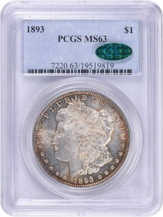 1893 Morgan Silver Dollar MS63 PCGS (CAC): Certification: PCGS Circulated/Uncirculated: Uncirculated Year: 1893 Composition: 90% Silver 10% Copper Mint Location: Philadelphia Km Number: 110 Denomination: $1 Grade: MS63 Coin: Morgan Designer: