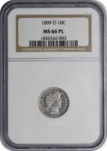 1899-O Barber Silver Dime MS66 PL NGC: Certification: NGC Circulated/Uncirculated: Uncirculated Year: 1899 Mint Location: New Orleans Km Number: 113 Denomination: 10C Grade: MS66 Composition: 90% Silver 10% Copper Coin: Barber Designer: