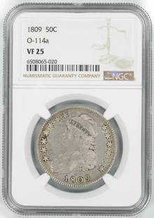 1809 CAPPED BUST HALF DOLLAR 50C O-114a NGC: Certification: NGC Composition: Silver Grade: VF 25 Year: 1809 Circulated/Uncirculated: Circulated Mint Location: PHILADELPHIA Km Number: Unknown Certification Number: 6508065-020 Denomination: