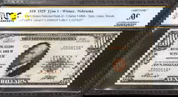 1929 $10 CITIZENS NATIONAL BANKNOTE CURRENCY: Certification: PCGS Grade: 30 Series Year: 1929 Year: 1929 Circulated/Uncirculated: Circulated Country: United States Category: Small National Bank Notes Serial No. : C000610A Certification Number: