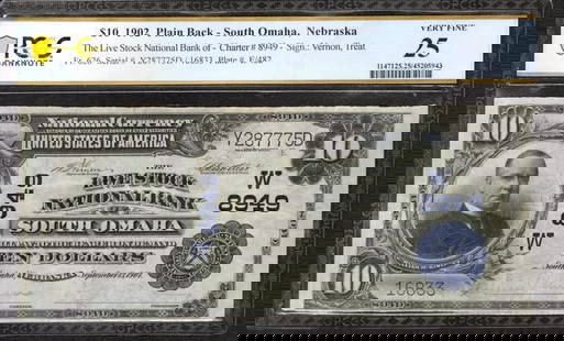 1902 $10 LIVE STOCK NATIONAL BANKNOTE CURRENCY: Certification: PCGS Grade: 25 Series Year: 1902 Year: 1902 Circulated/Uncirculated: Circulated Country: United States Category: Third Charter Period Serial No. : Y287775D / 16833 Certification