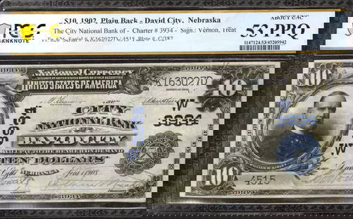 1902 $10 CITY NATIONAL BANKNOTE CURRENCY DAVID: Certification: PCGS Grade Designation: EPQ/PPQ Grade: 53 PPQ Series Year: 1902 Year: 1902 Circulated/Uncirculated: Circulated Country: United States Category: Third Charter Period Serial No. :
