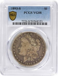 1893-S Morgan Silver Dollar VG08 PCGS: Certification: PCGS Circulated/Uncirculated: Circulated Year: 1893 Composition: 90% Silver 10% Copper Mint Location: San Francisco Km Number: 110 Denomination: $1 Grade: VG Coin: Morgan Designer: