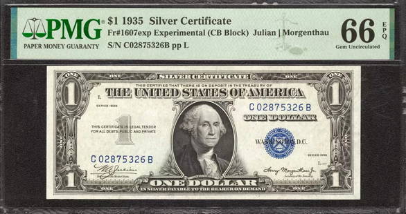 1935 $1 EXPERIMENTAL SILVER CERTIFICATE: Certification: PMG Grade: 66 Series Year: 1935 Year: 1935 Circulated/Uncirculated: Circulated Country: United States Category: Small Silver Certificates Serial No. : C02875326B Certification Number: