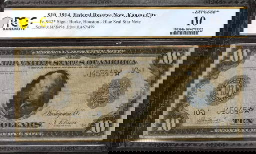 1914 $10 FEDERAL RESERVE STAR NOTE FR.942* KANSAS: Certification: PCGS Grade: 10 Series Year: 1914 Year: 1914 Circulated/Uncirculated: Circulated Country: United States Category: Federal Reserve Notes Serial No. : J45845* Certification Number: