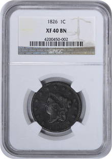 1826 Large Cent EF40BN NGC: Certification: NGC Circulated/Uncirculated: Circulated Km Number: 45 Year: 1826 Denomination: Large Cent Grade: XF Composition: Copper Mint Location: No Mint Mark Coin: Coronet Head At SEUYCO, we