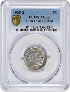 1935-S Buffalo Nickel DDR FS-801 AU58 PCGS: Certification: PCGS Circulated/Uncirculated: Circulated Year: 1935 Mint Location: S Km Number: 192 Denomination: 5C Grade: AU Composition: Nickel Coin: Buffalo At SEUYCO, we strive to provide