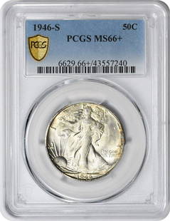 1946-S Walking Liberty Silver Half Dollar MS66+: Certification: PCGS Circulated/Uncirculated: Uncirculated Year: 1946 Mint Location: San Francisco Km Number: 142 Denomination: 50C Grade: MS66 Composition: 90% Silver 10% Copper Coin: Liberty