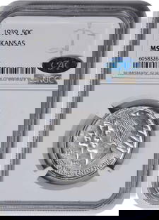 Arkansas Commemorative Silver Half Dollar 1939: Certification: NGC Circulated/Uncirculated: Uncirculated Year: 1939 Denomination: Half Dollar Mint Location: Philadelphia Km Number: 168 Grade: MS66 Composition: 90% Silver 10% Copper Features: