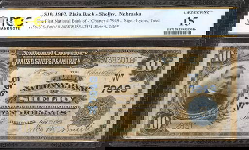 1902 $10 FIRST NATIONAL BANKNOTE CURRENCY SHELBY: Certification: PCGS Grade: 15 Series Year: 1902 Year: 1902 Circulated/Uncirculated: Circulated Country: United States Category: Third Charter Period Serial No. : M383018E / 2831 Certification Number: