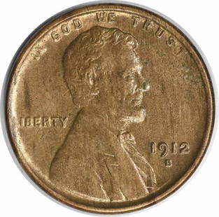 1912-S Lincoln Cent Choice BU+ Uncertified #206: Certification: Uncertified Circulated/Uncirculated: Uncirculated Year: 1912 Mint Location: S Km Number: 132 Denomination: Small Cent Composition: Copper Grade: Choice BU+ Coin: Lincoln Wheat At