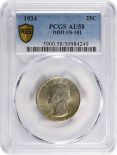 1934 Washington Quarter DDO FS-101 AU58 PCGS: Certification: PCGS Circulated/Uncirculated: Circulated Year: 1934 Mint Location: Philadelphia Km Number: 164 Denomination: 25C Composition: 90% Silver 10% Copper Grade: AU Coin: Washington