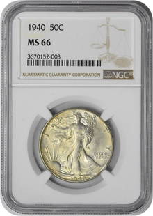 1940 Walking Liberty Silver Half Dollar MS66 NGC: Certification: NGC Circulated/Uncirculated: Uncirculated Year: 1940 Mint Location: Philadelphia Km Number: 142 Denomination: 50C Grade: MS66 Composition: 90% Silver 10% Copper Coin: Liberty Walking