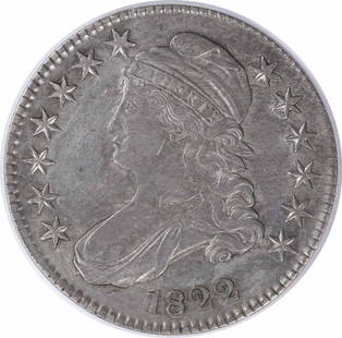1822 Bust Silver Half Dollar AU Uncertified #905: Certification: Uncertified Circulated/Uncirculated: Circulated Year: 1822 Mint Location: Philadelphia Km Number: 37 Denomination: 50C Composition: 89.2% Silver 10.8% Copper Grade: AU Designer: John