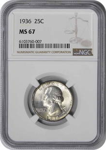1936 Washington Silver Quarter MS67 NGC: Certification: NGC Circulated/Uncirculated: Uncirculated Year: 1936 Mint Location: Philadelphia Km Number: 164 Denomination: 25C Composition: 90% Silver 10% Copper Grade: MS67 Coin: Washington