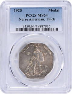 Norse Commemorative Medal 1925 MS64 Thick PCGS: Certification: PCGS Circulated/Uncirculated: Uncirculated Year: 1925 Denomination: Medal Mint Location: No Mint Mark Grade: MS64 Composition: Silver Features: Commemorative At SEUYCO, we strive to