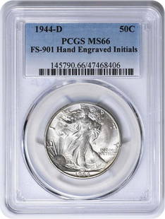 1944-D Walking Liberty Half Dollar Hand Engraved: Certification: PCGS Circulated/Uncirculated: Uncirculated Year: 1944 Mint Location: Denver Km Number: 142 Denomination: 50C Grade: MS66 Composition: 90% Silver 10% Copper Coin: Liberty Walking