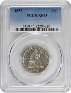 1852 Liberty Seated Silver Quarter EF45 PCGS: Certification: PCGS Circulated/Uncirculated: Circulated Year: 1852 Mint Location: Philadelphia Km Number: 64.2 Denomination: 25C Grade: XF Composition: 90% Silver 10% Copper Coin: Seated Liberty